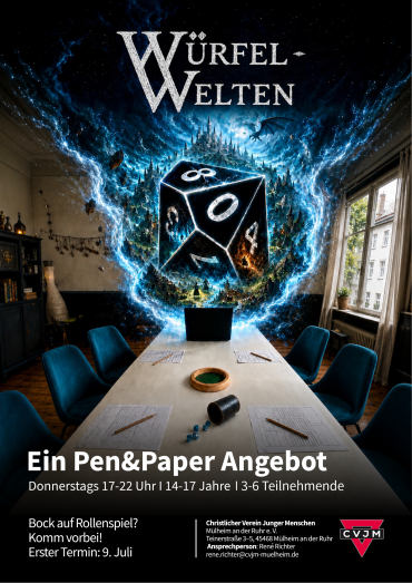 Einladungsflyer zu W&uuml;rfelwelten, einem Pen&Paper-Spiele-Angebot f&uuml;r Jugendliche